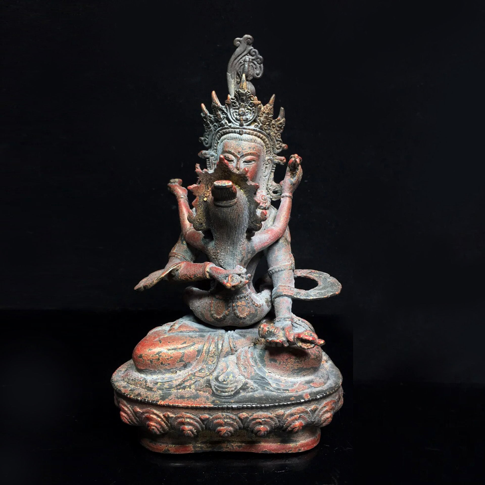 Primordial Union: 9" Tibetan Temple Collection - Old Bronze Cinnabar Yab-Yum Sculpture.