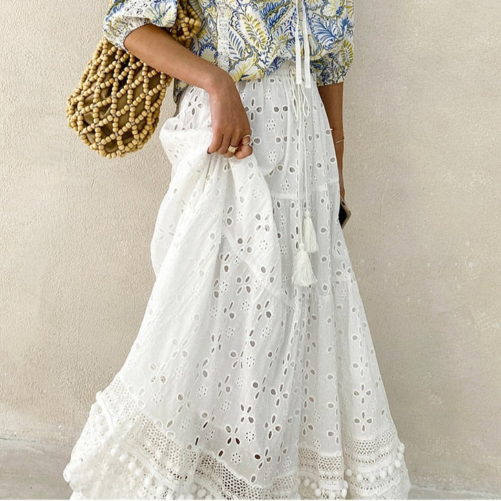 White Cotton Hollow-Out Boho Skirt