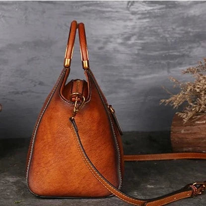 Vintage Genuine Leather Shoulder Bag With Embossed Mandala and Metal Handles
