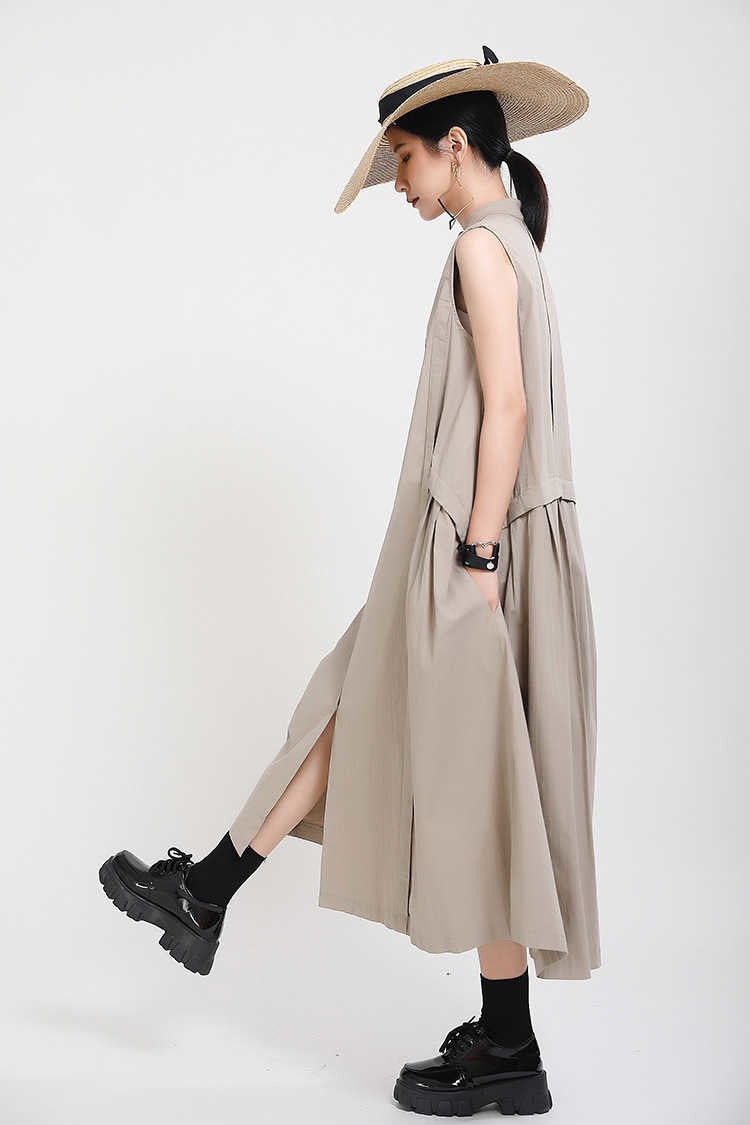 Sleeveless Loose Long  Dress New Stand Collar Sleeveless Loose Fit Fashion Tide Spring Summer 2023 1Y353