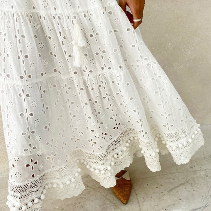White Cotton Hollow-Out Boho Skirt