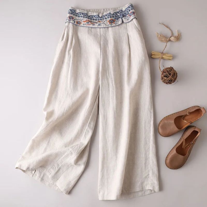 Light Linen Embroidered Waist Pants