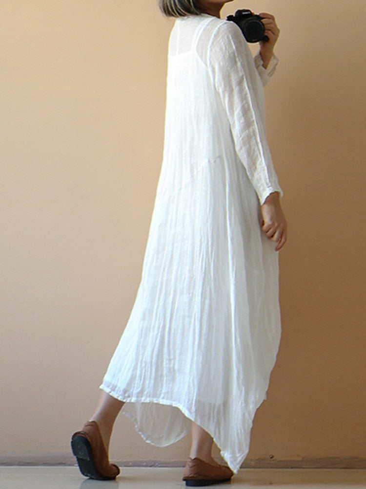 Natural Cotton Loose White Dress With Long Sleeve