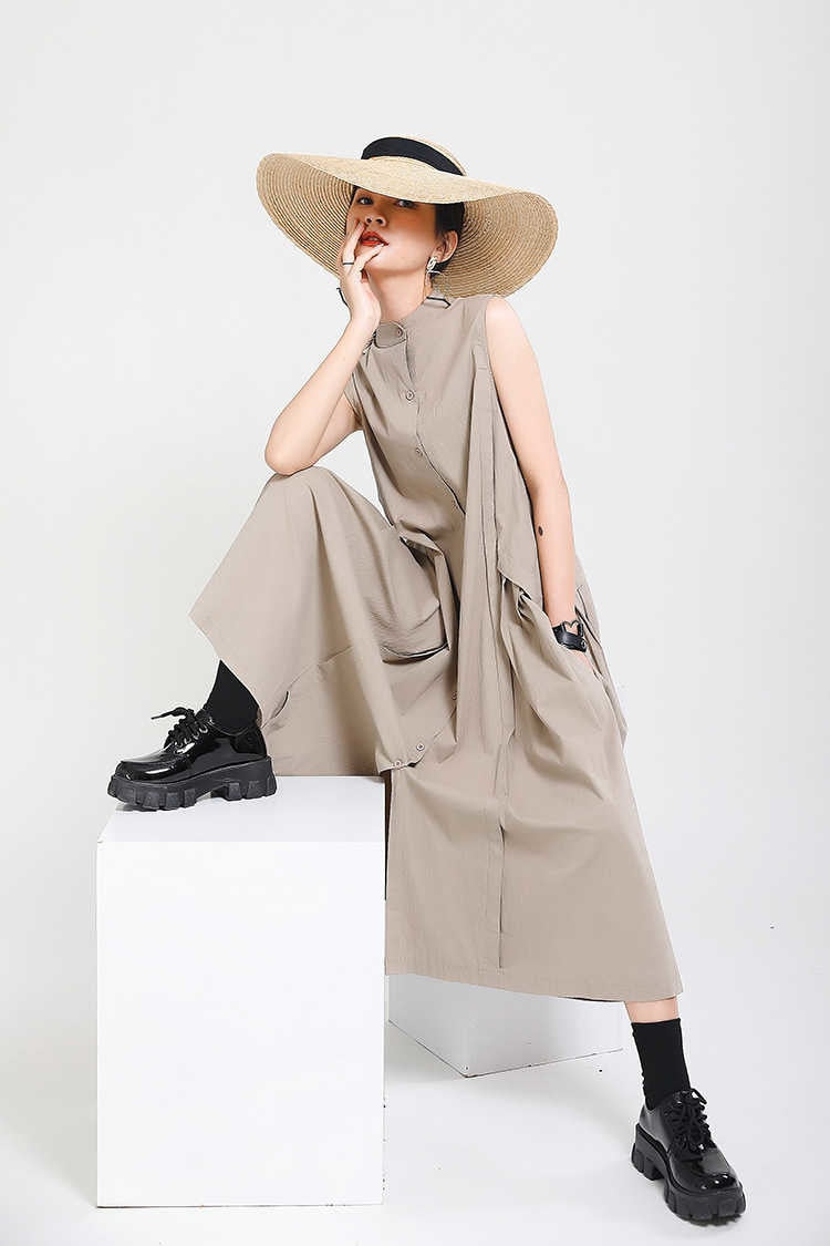 Sleeveless Loose Long  Dress New Stand Collar Sleeveless Loose Fit Fashion Tide Spring Summer 2023 1Y353