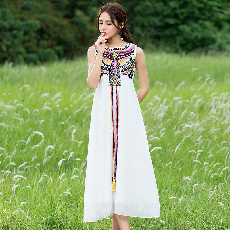 Geometric  Embroidery Tassel Sleeveless Midi Dress