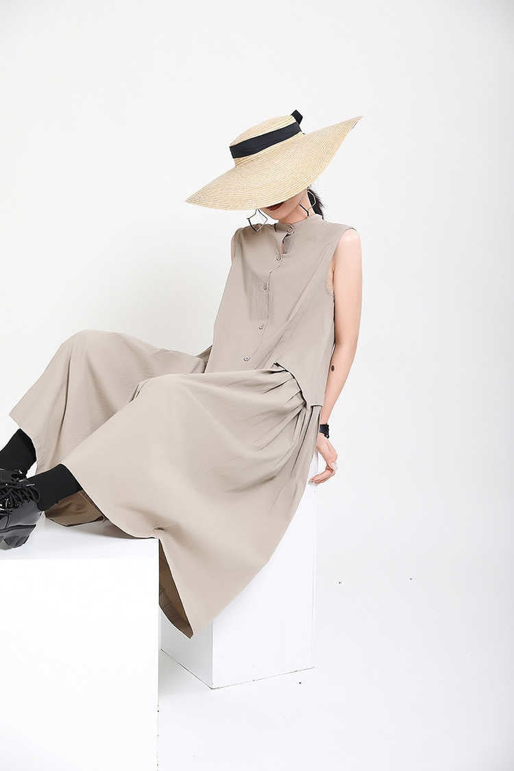 Sleeveless Loose Long  Dress New Stand Collar Sleeveless Loose Fit Fashion Tide Spring Summer 2023 1Y353