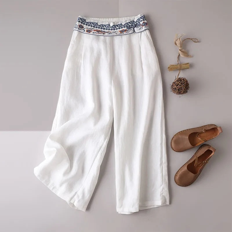 Light Linen Embroidered Waist Pants