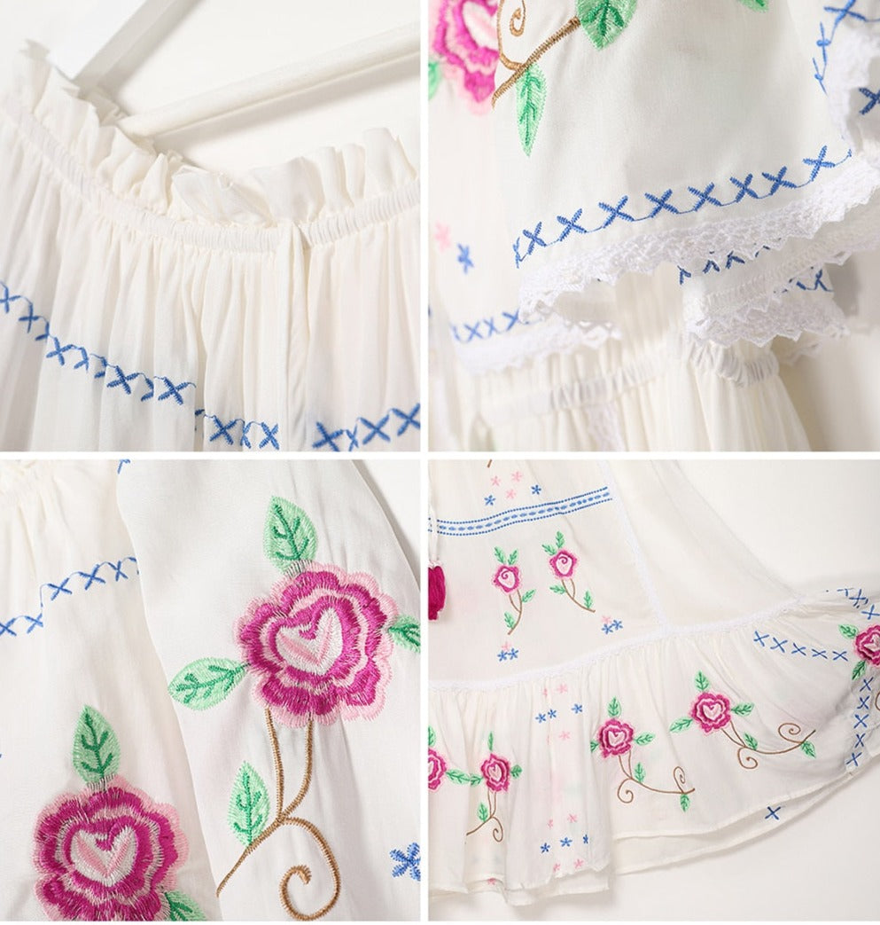 Bohemian Rose Embroidery Off-Shoulder Maxi Dress