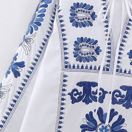 Blue Embroidered White Dress