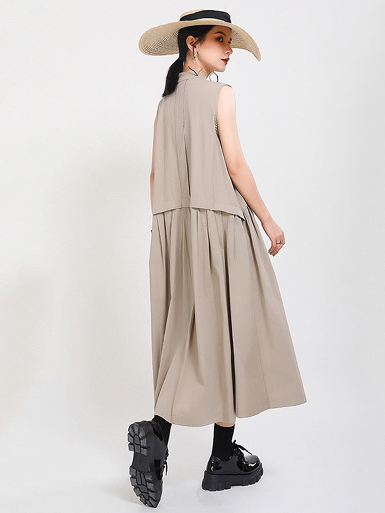 Sleeveless Loose Long  Dress New Stand Collar Sleeveless Loose Fit Fashion Tide Spring Summer 2023 1Y353