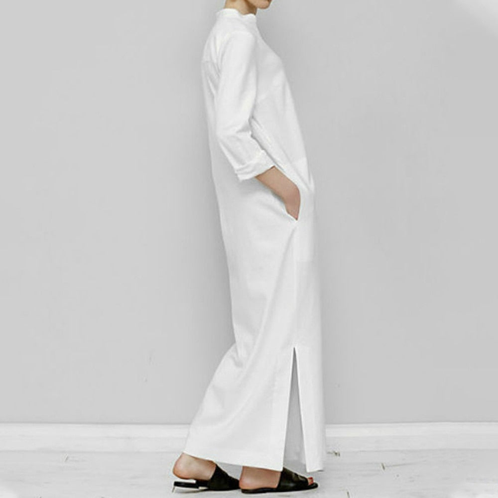 White Side Split Button-Up Cotton Maxi Dress