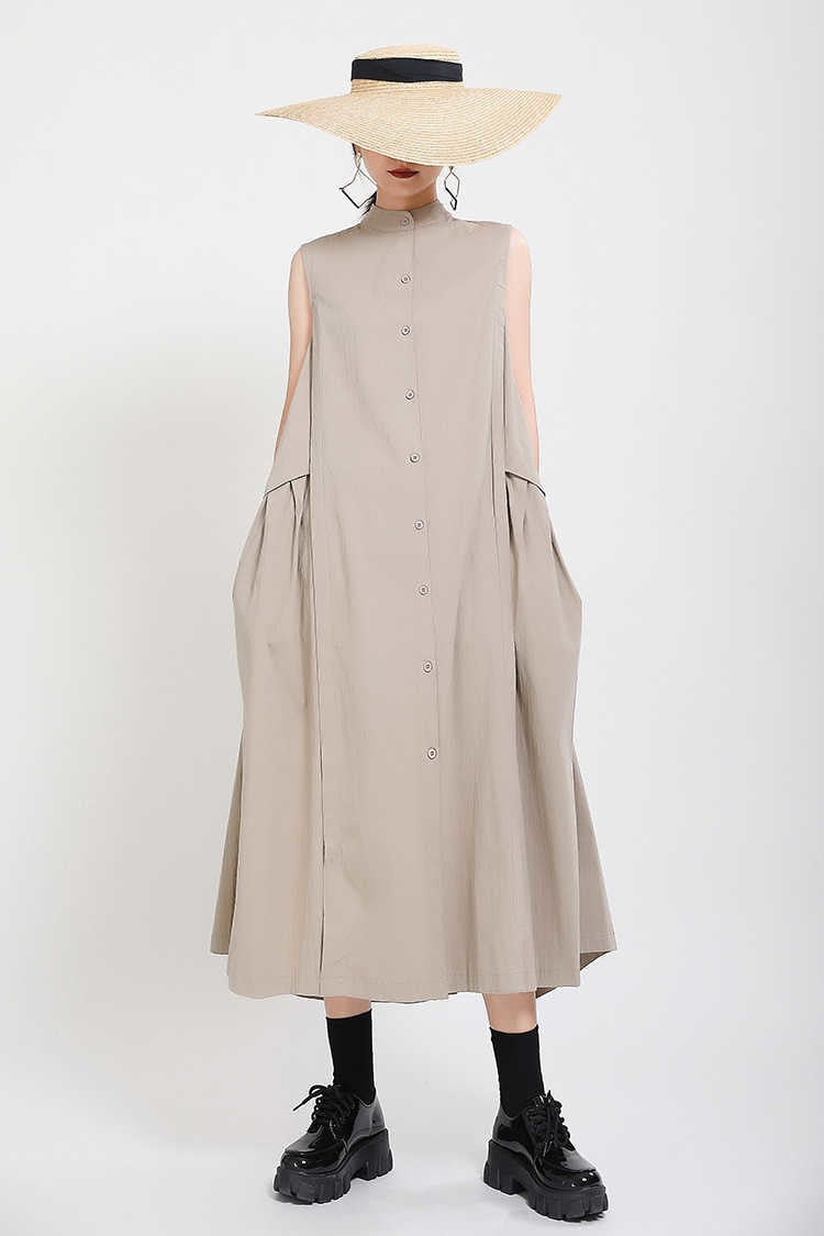 Sleeveless Loose Long  Dress New Stand Collar Sleeveless Loose Fit Fashion Tide Spring Summer 2023 1Y353