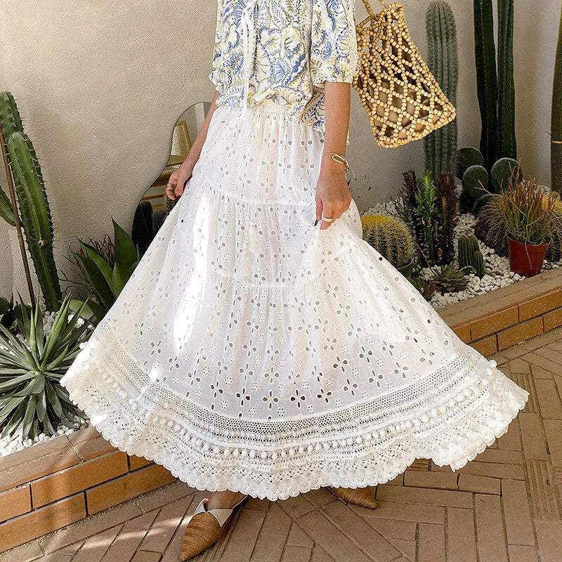 White Cotton Hollow-Out Boho Skirt