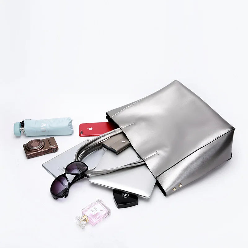 Silver Genuine Leather Shoulder Bag