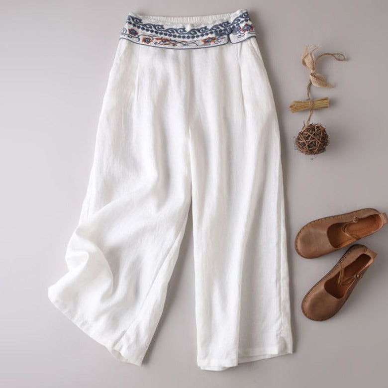 Light Linen Embroidered Waist Pants