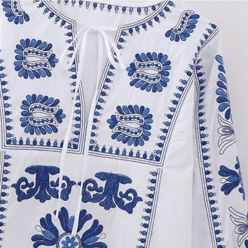 Blue Embroidered White Dress