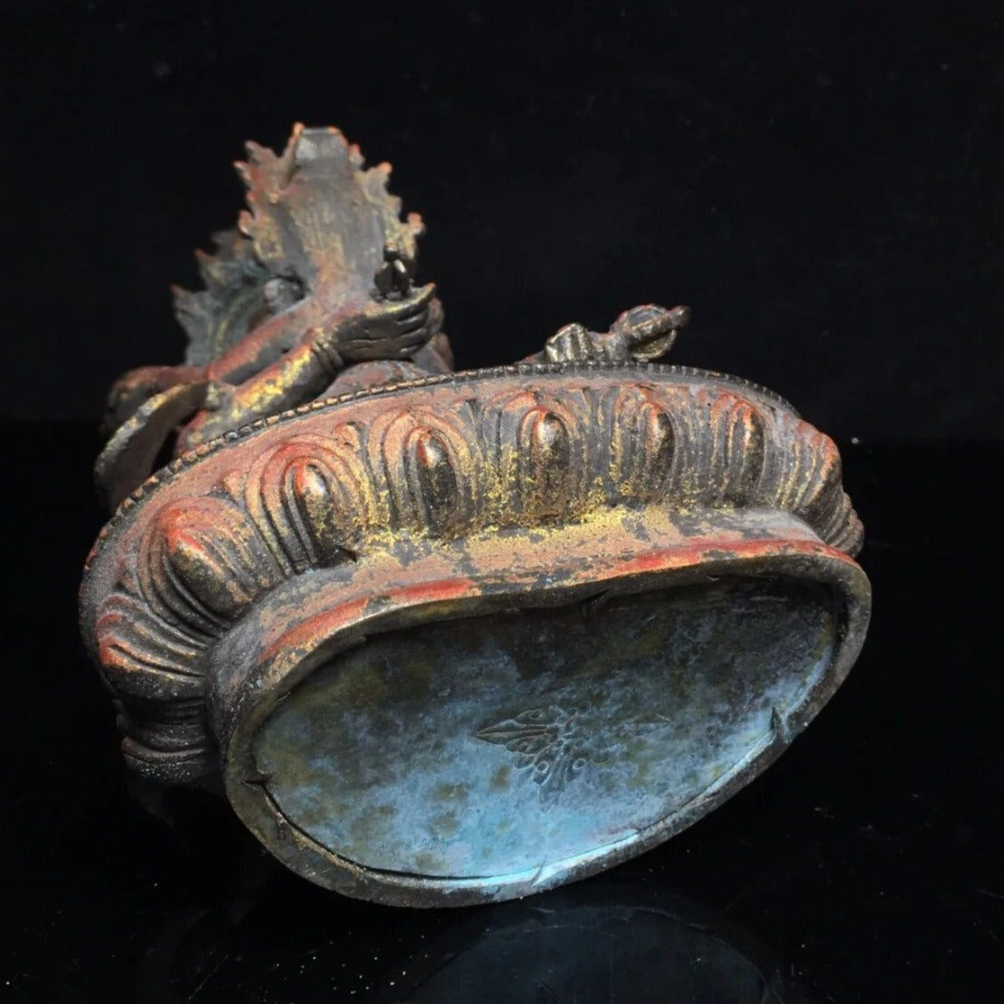 Primordial Union: 9" Tibetan Temple Collection - Old Bronze Cinnabar Yab-Yum Sculpture.