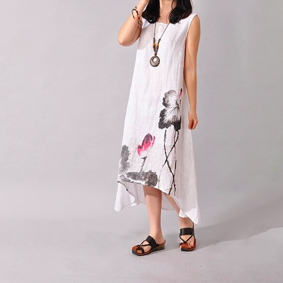 White Linen Sleeveless Lotus Summer Dress