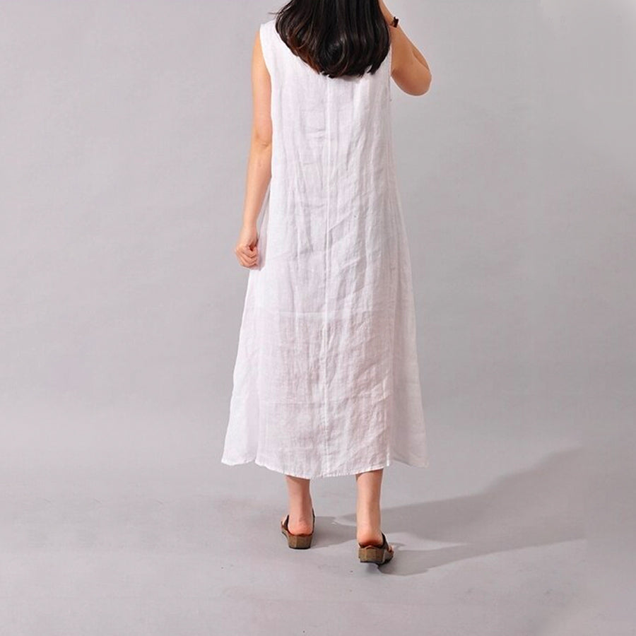 White Linen Sleeveless Lotus Summer Dress