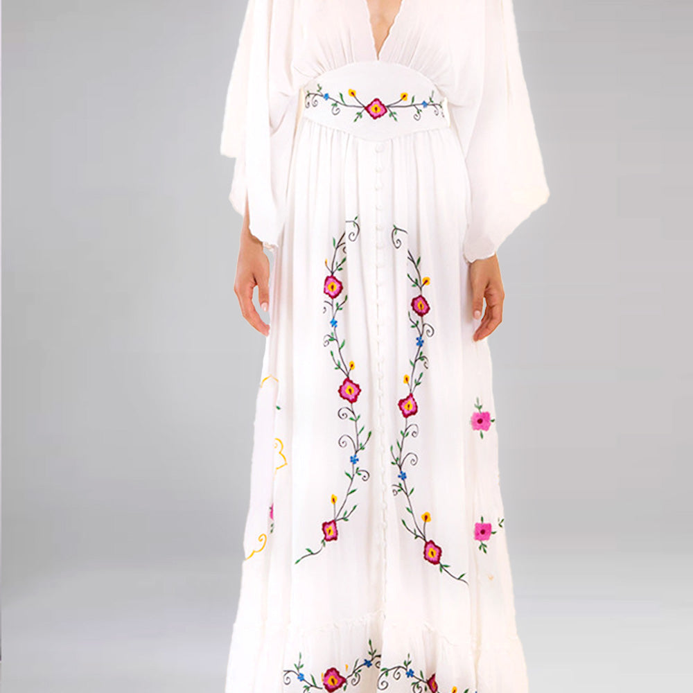 White Bohemian Cotton Embroidery Loose Maxi Dress