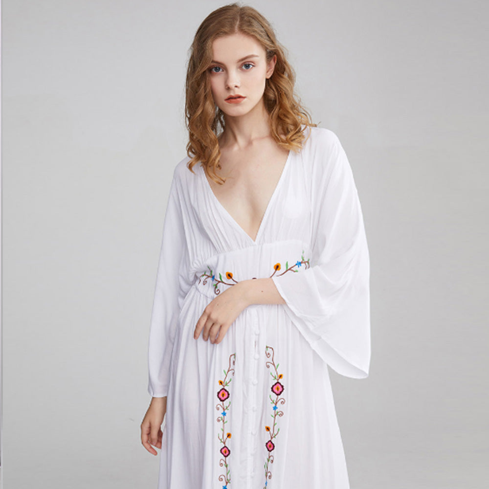 White Bohemian Cotton Embroidery Loose Maxi Dress