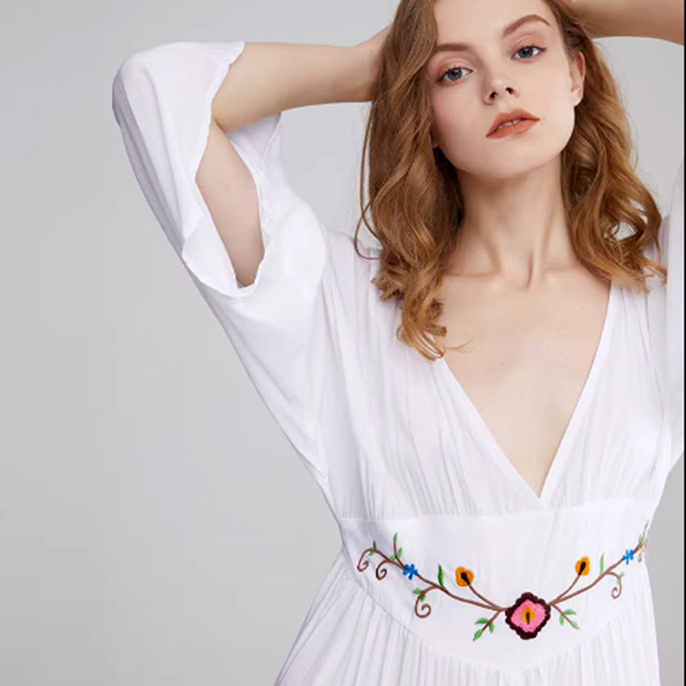 White Bohemian Cotton Embroidery Loose Maxi Dress
