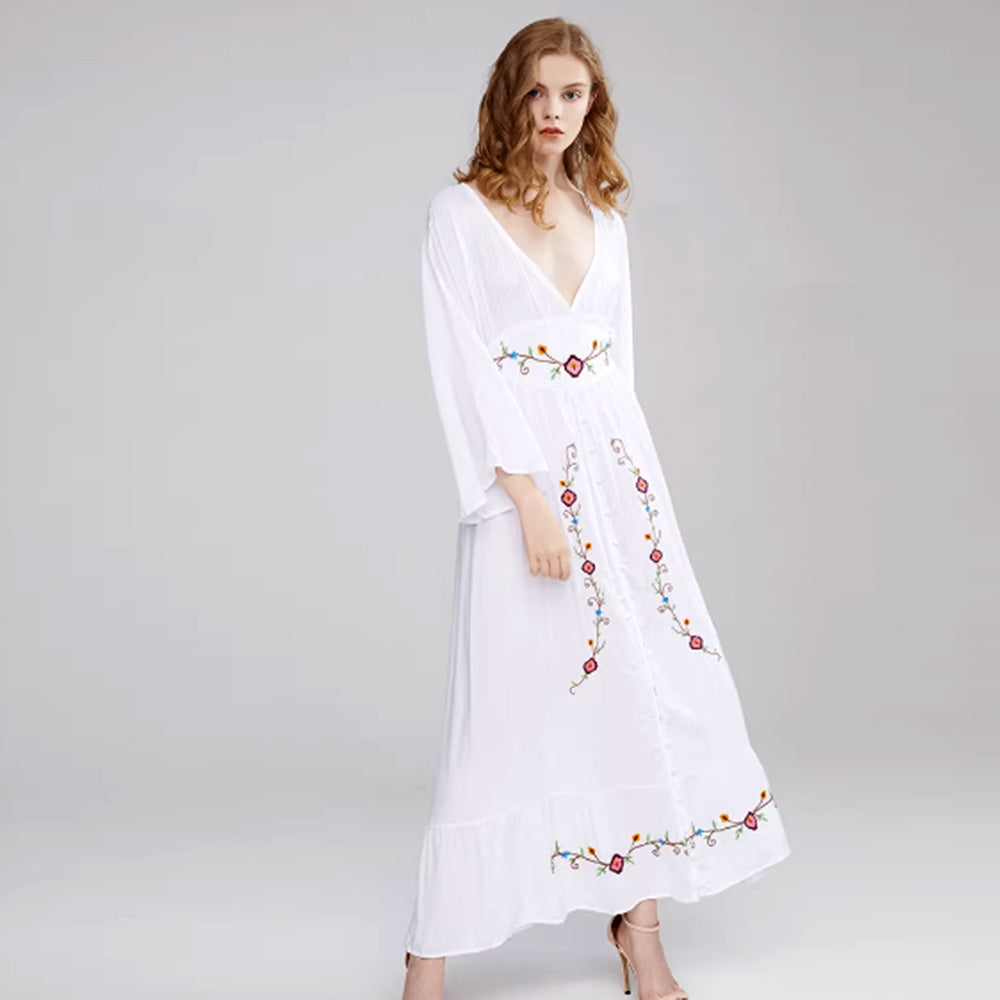 White Bohemian Cotton Embroidery Loose Maxi Dress