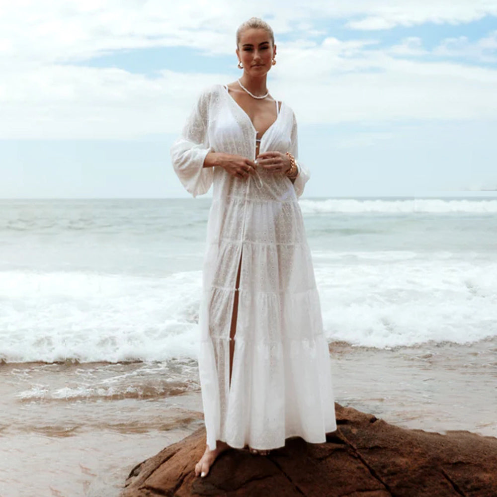 White Boho Embroidered Cotton Maxi Dress Kimono
