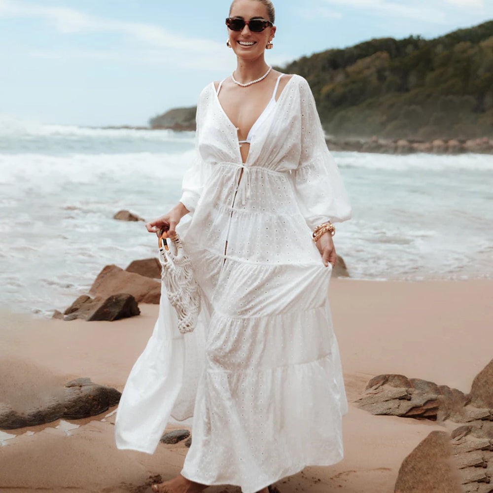 White Boho Embroidered Cotton Maxi Dress Kimono