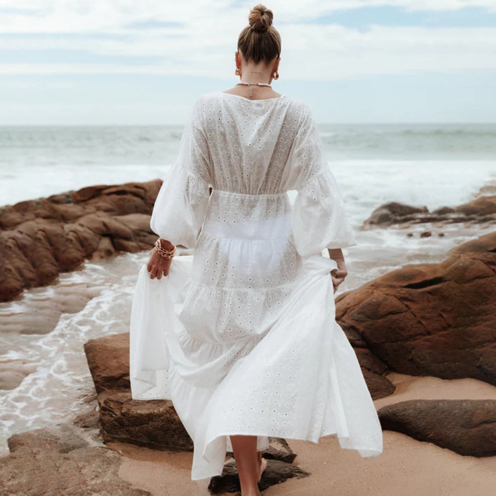 White Boho Embroidered Cotton Maxi Dress Kimono