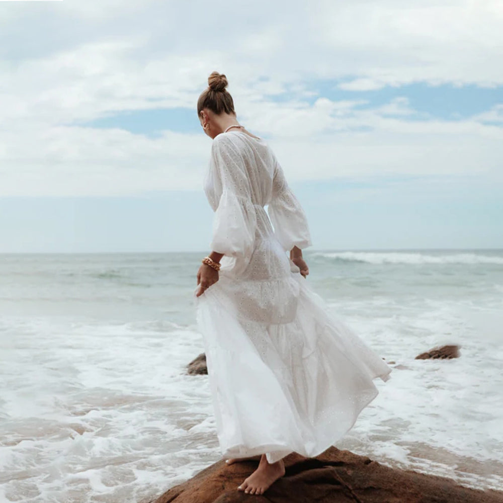 White Boho Embroidered Cotton Maxi Dress Kimono