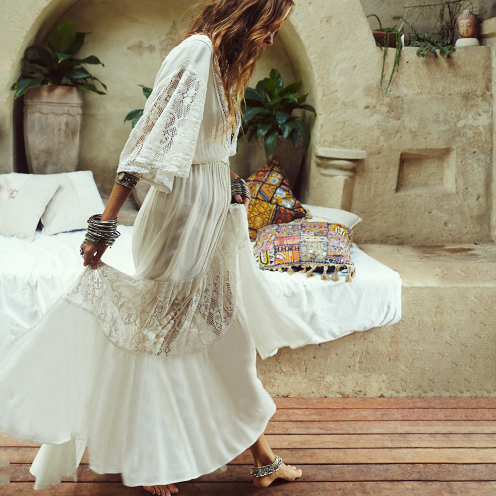 White Boho Lace Maxi Dress