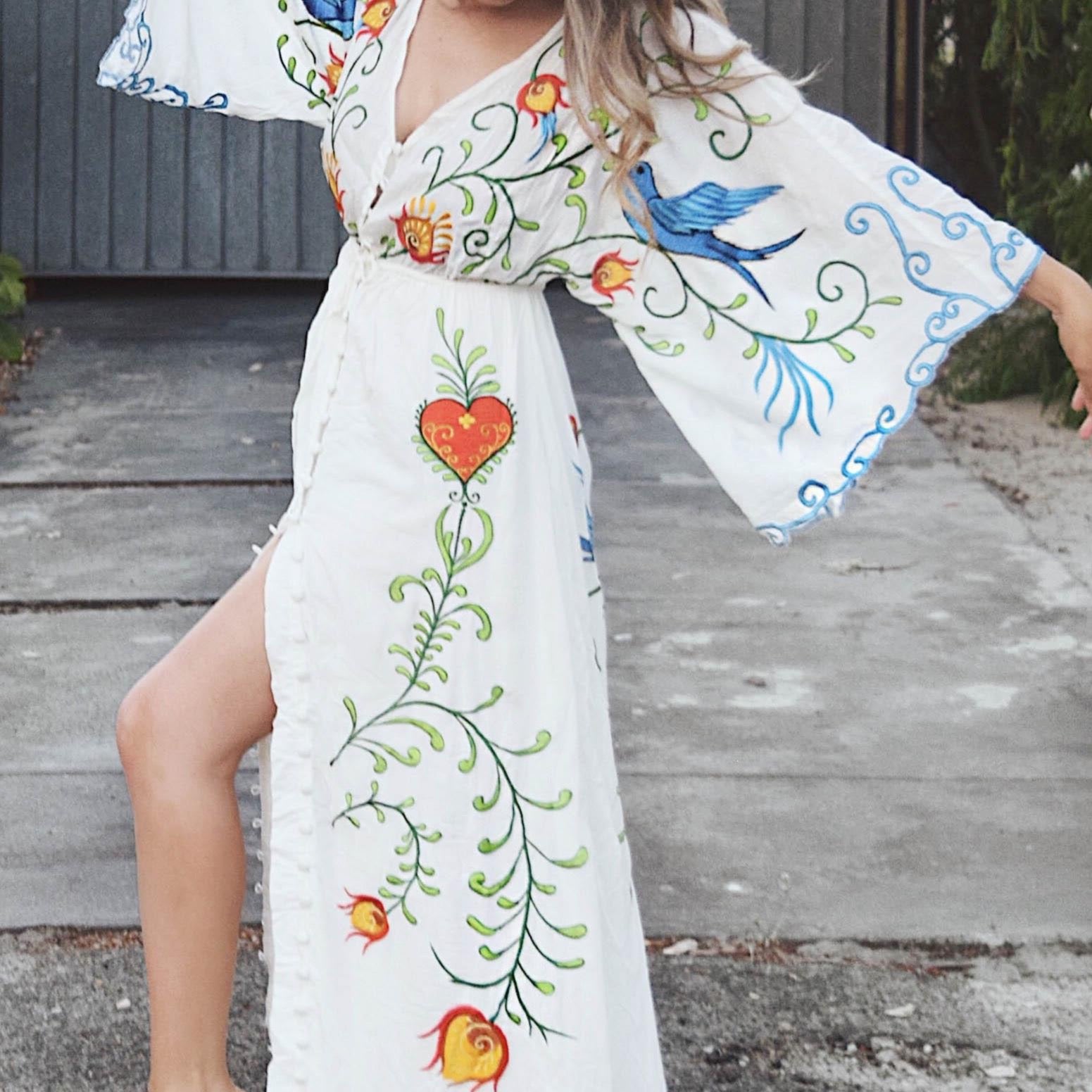 Bohemian Embroidered Flora & Fauna Maxi Kimono - Exquisite, Versatile Cover-Up