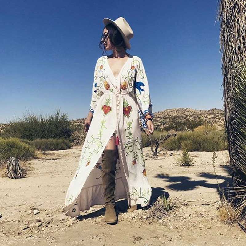 Bohemian Embroidered Flora & Fauna Maxi Kimono - Exquisite, Versatile Cover-Up