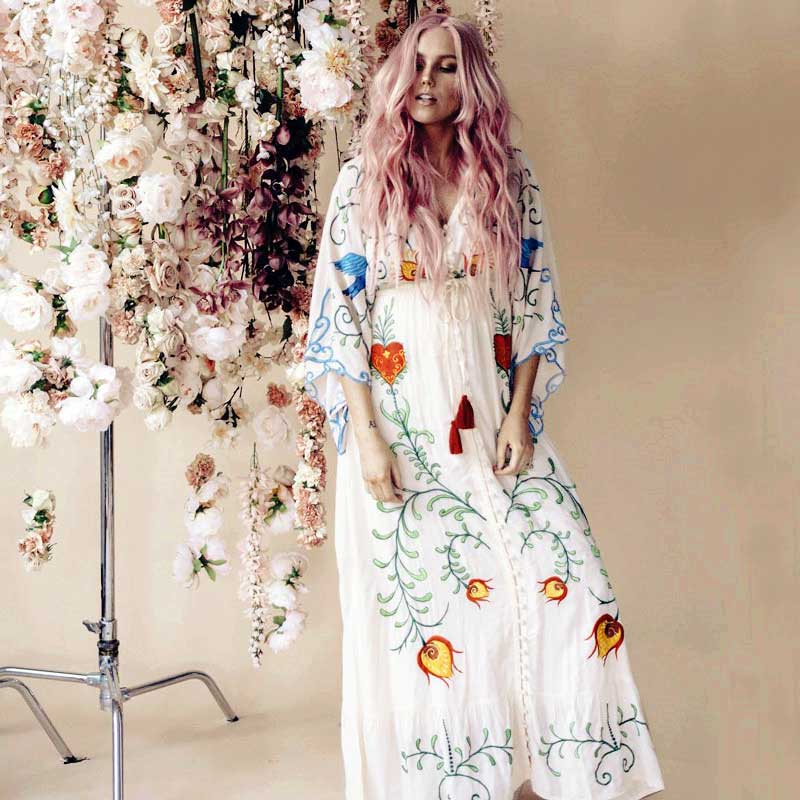 Bohemian Embroidered Flora & Fauna Maxi Kimono - Exquisite, Versatile Cover-Up