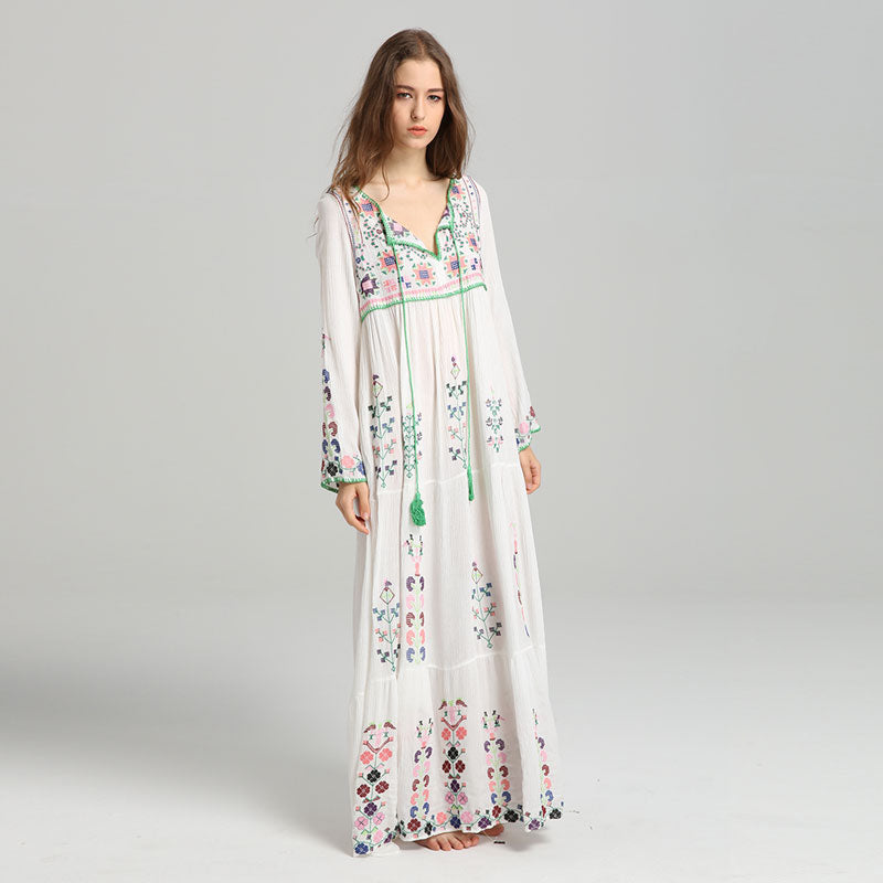 Bohemian Embroidered Cotton Maxi Dress