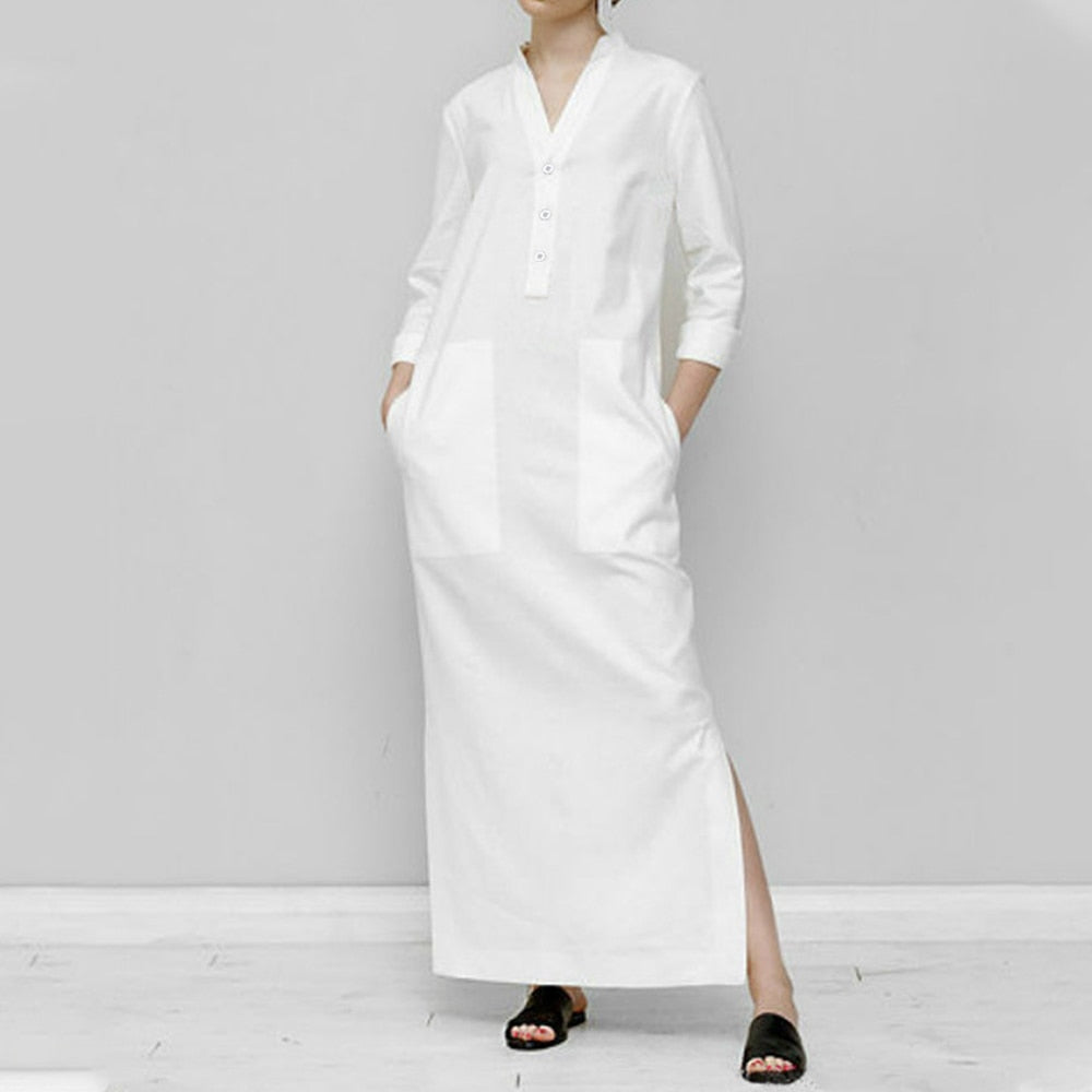 White Side Split Button-Up Cotton Maxi Dress
