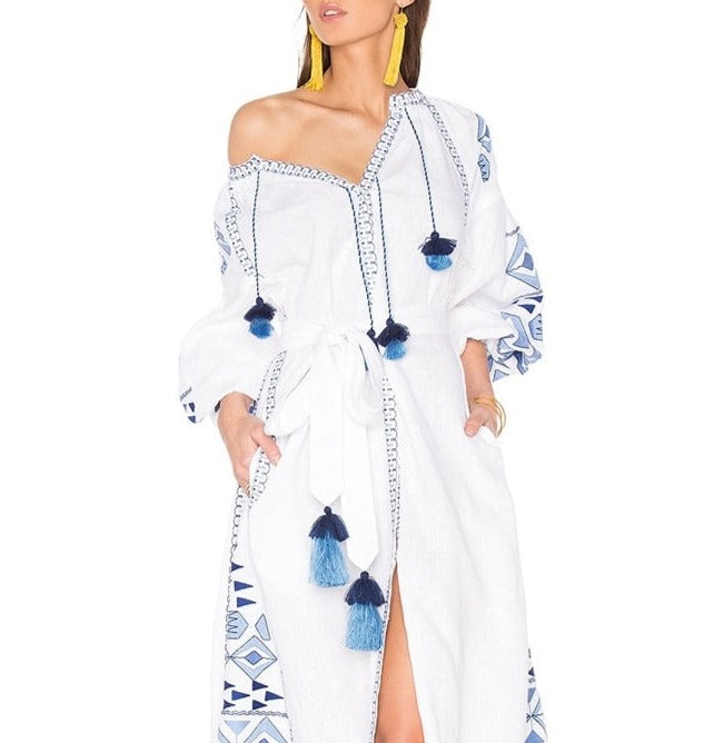Ethnic Embroidery Linen White dress with Tassels