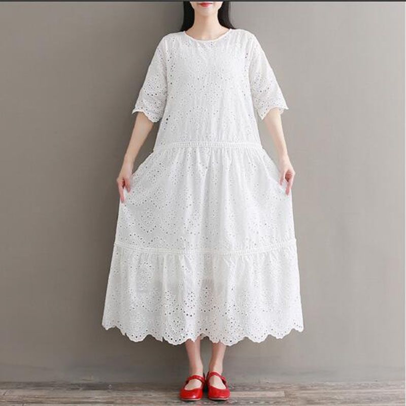 Mori Girl Embroidery Midi Dress Spring Summer Hollow Out White Cotton Dress Short Sleeve Elegant Party Vestido Longo