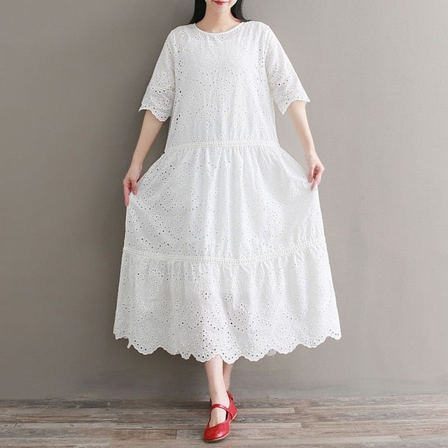 Mori Girl Embroidery Midi Dress Spring Summer Hollow Out White Cotton Dress Short Sleeve Elegant Party Vestido Longo