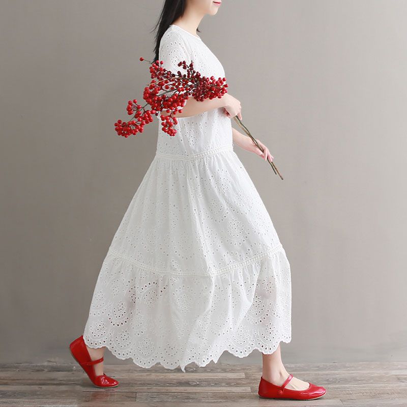 Mori Girl Embroidery Midi Dress Spring Summer Hollow Out White Cotton Dress Short Sleeve Elegant Party Vestido Longo