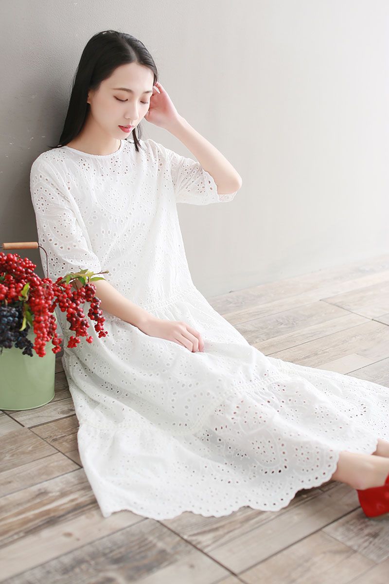 Mori Girl Embroidery Midi Dress Spring Summer Hollow Out White Cotton Dress Short Sleeve Elegant Party Vestido Longo
