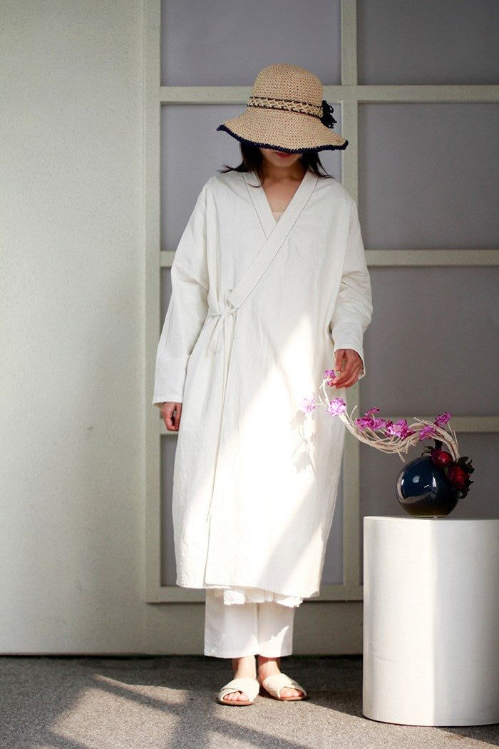 Women Casual Long Sleeve Tie White Long Trench Adjustable Waist Solid  Cotton Loose Coat Autumn V-Neck Outwear