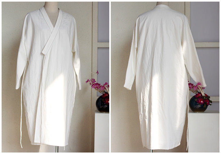 Women Casual Long Sleeve Tie White Long Trench Adjustable Waist Solid  Cotton Loose Coat Autumn V-Neck Outwear