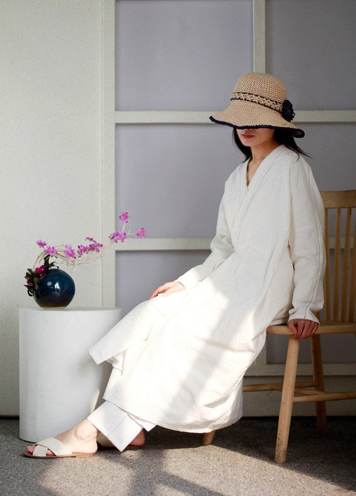 Women Casual Long Sleeve Tie White Long Trench Adjustable Waist Solid  Cotton Loose Coat Autumn V-Neck Outwear