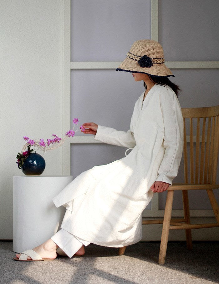 Women Casual Long Sleeve Tie White Long Trench Adjustable Waist Solid  Cotton Loose Coat Autumn V-Neck Outwear