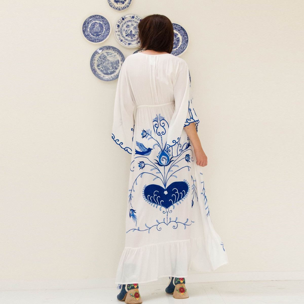 Bohemian Embroidered Flora and Fauna Maxi Cover-Up