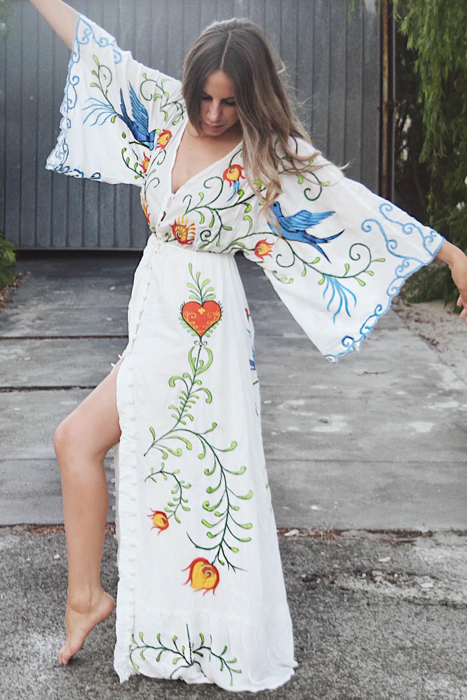 Bohemian Embroidered Flora and Fauna Maxi Cover-Up
