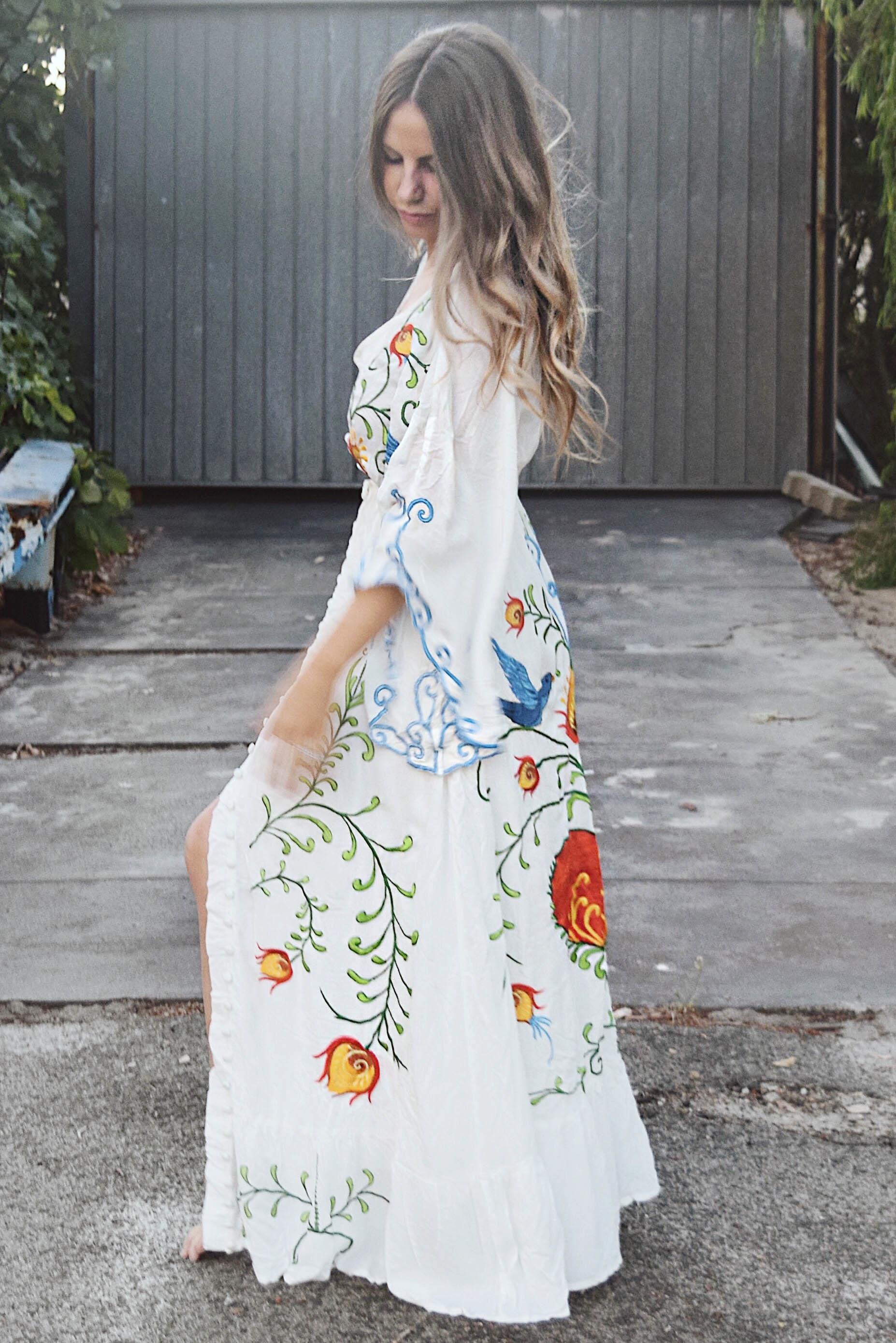 Bohemian Embroidered Flora and Fauna Maxi Cover-Up