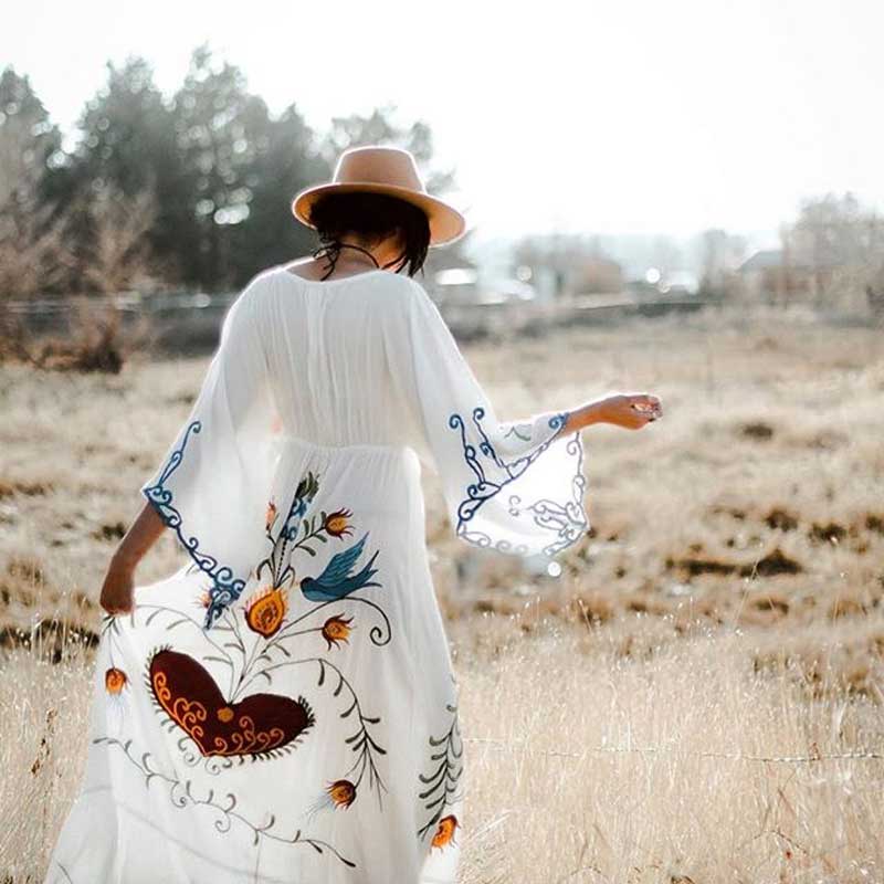 Bohemian Embroidered Flora and Fauna Maxi Cover-Up